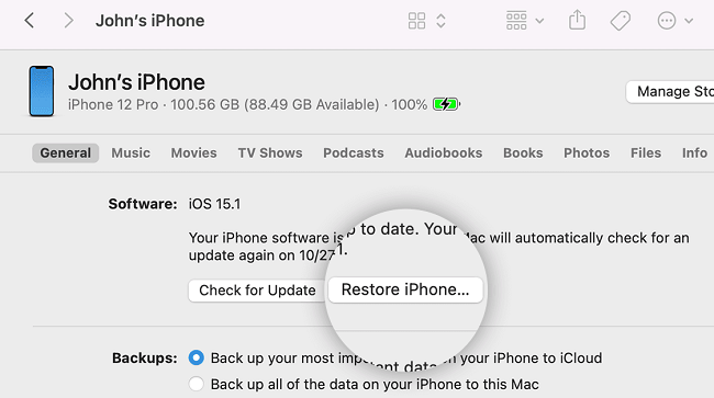 finder to restore iphone