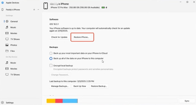 restore iphone via apple devices