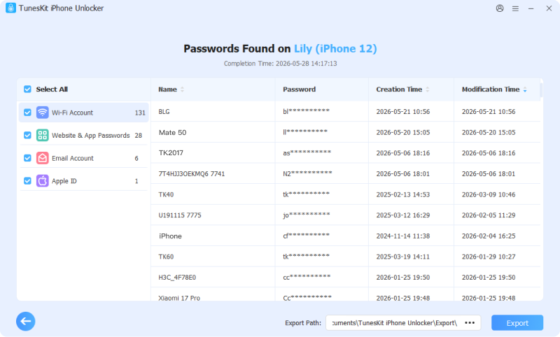 view or export found passwords