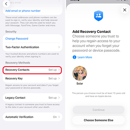 add recovery contact iphone