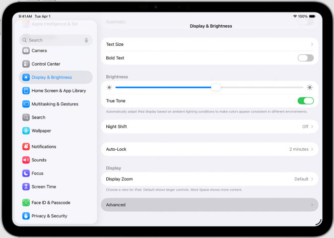 adjust ipad btightness from settings