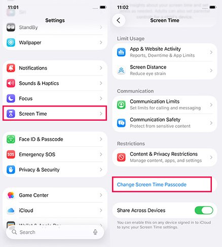 change screen time passcode