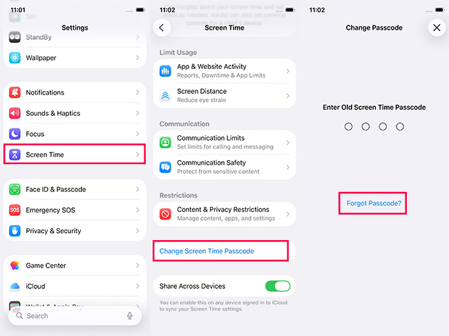 enter correct screen time settings to find forgot passcode option