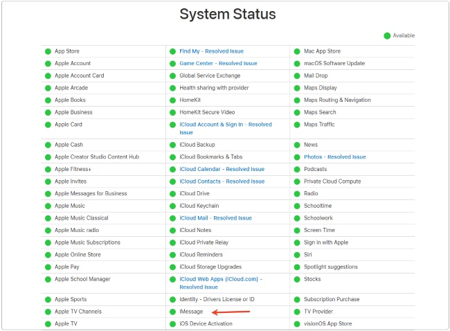 check apple system status imessage