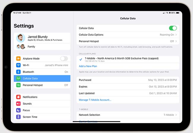 check ipad cellular data