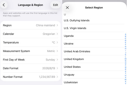 change language and region
