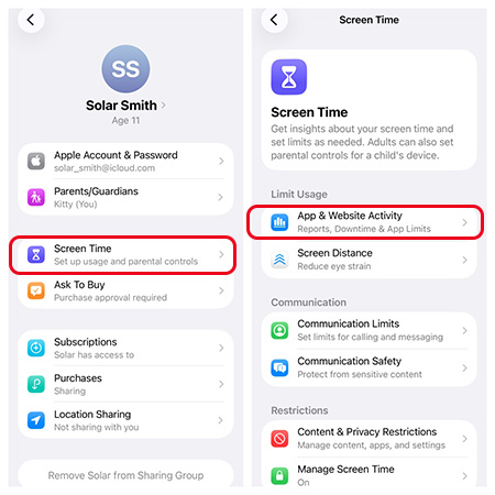 child screen time on family sharing