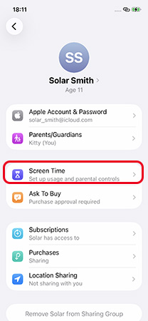 child screen time option on family