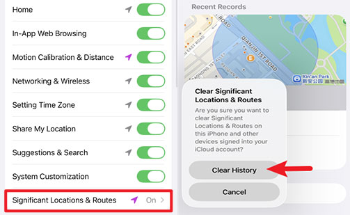 clear significant location history and routes