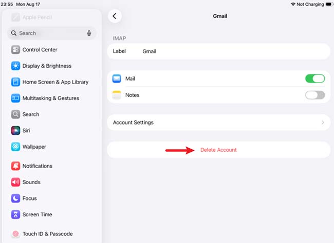 delete mail account on ipad