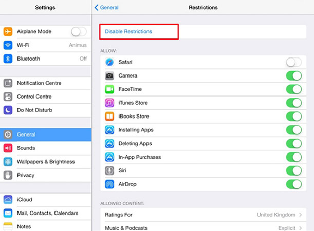 disable restrictions