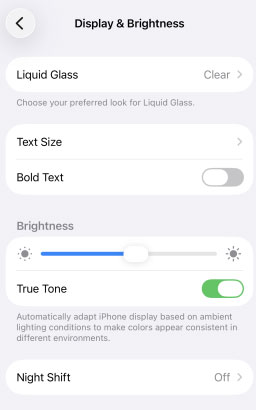 toggle true tone and night shift