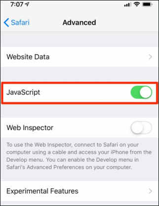 enable javascript in safari