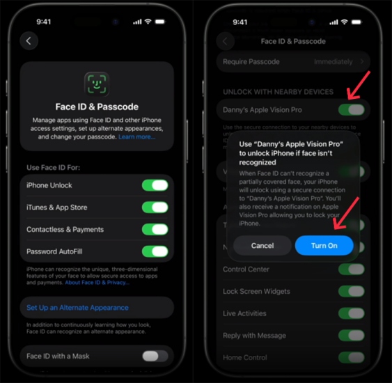 enable unlock with nearby devices for vision pro