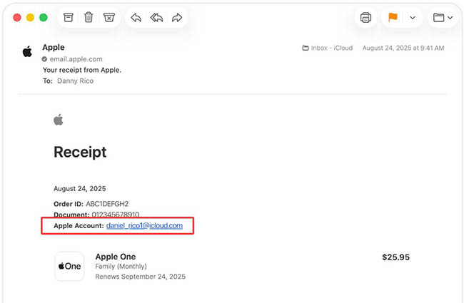 find apple account in receipt