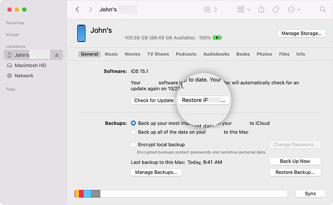 finder restore ipod