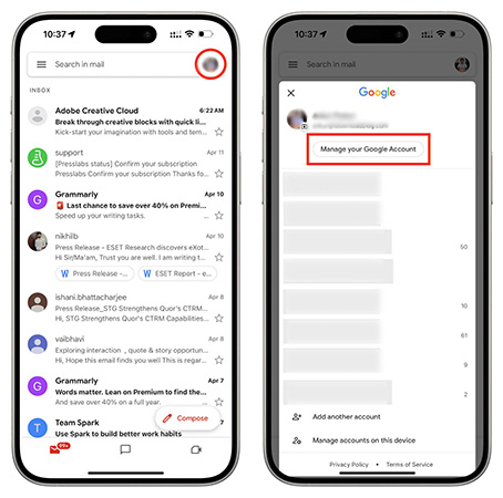 gmail app manage account