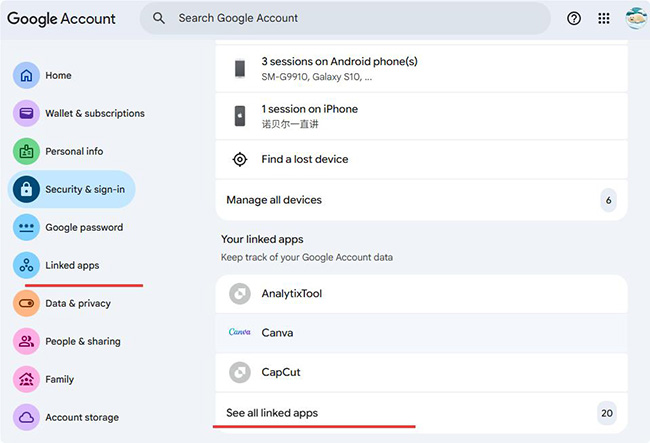 google account linked apps