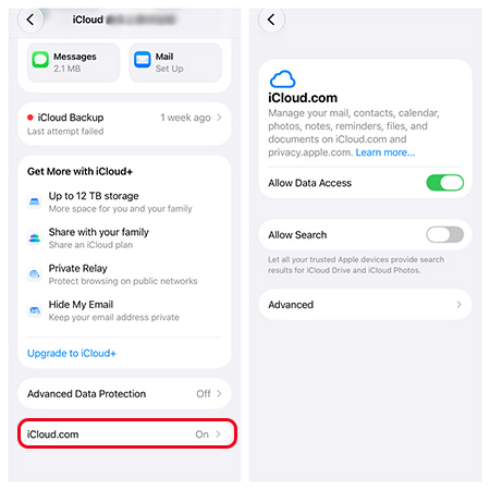 icloud com in iphone icloud settings