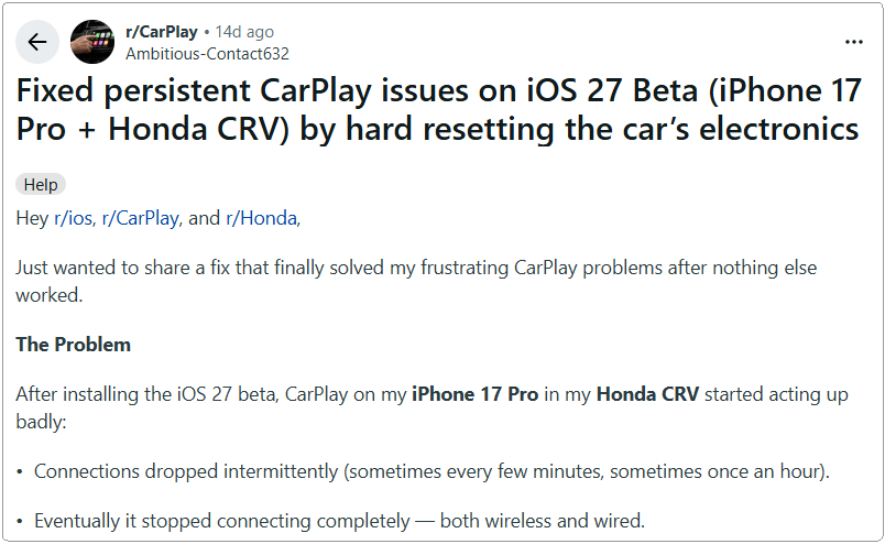 ios 27 carplay issues reddit