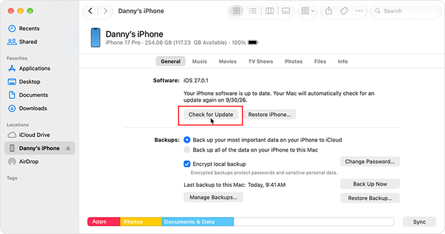 ios 27 check for update via finder