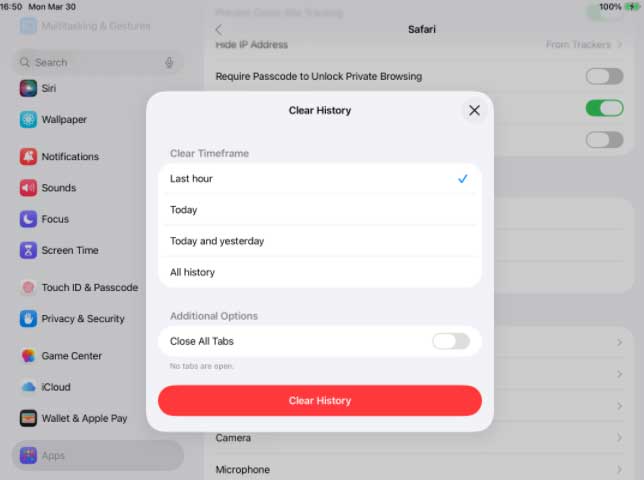 clear safari history and data