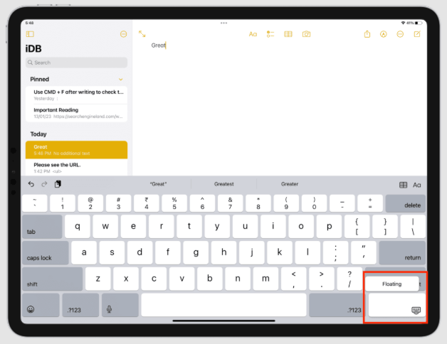 floating keyboard on ipad