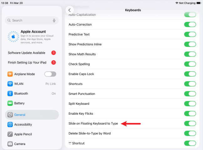 enable slide to type on ipad