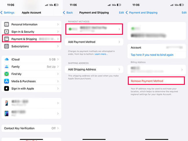 remove payment on iphone or ipad