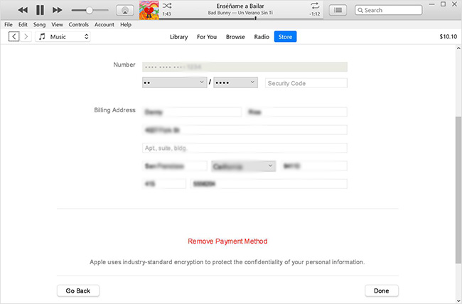 remove payment via itunes