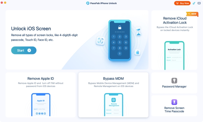 main interface of passfab iphone unlock for mac