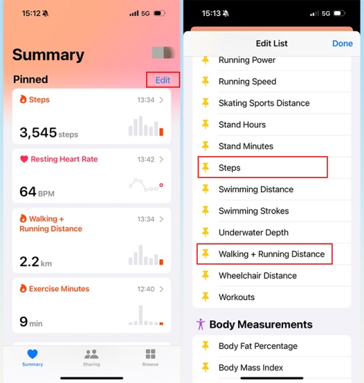 Pin walking steps to summary