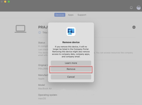 remove device via company portal app on mac