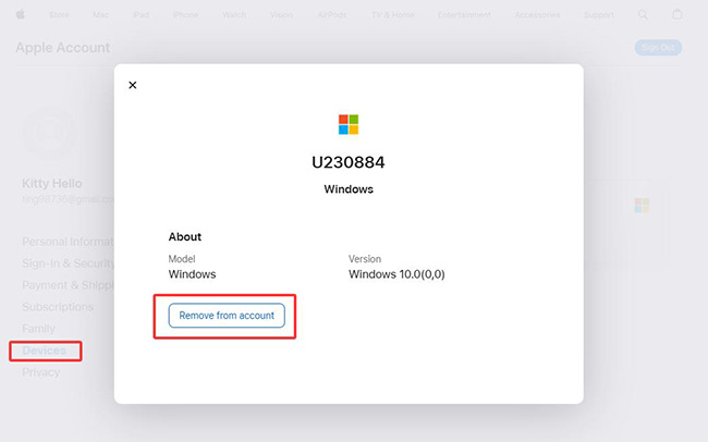 remove from account in account apple com
