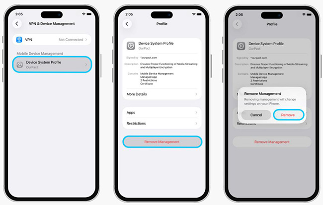 remove ourpact on iphone settings