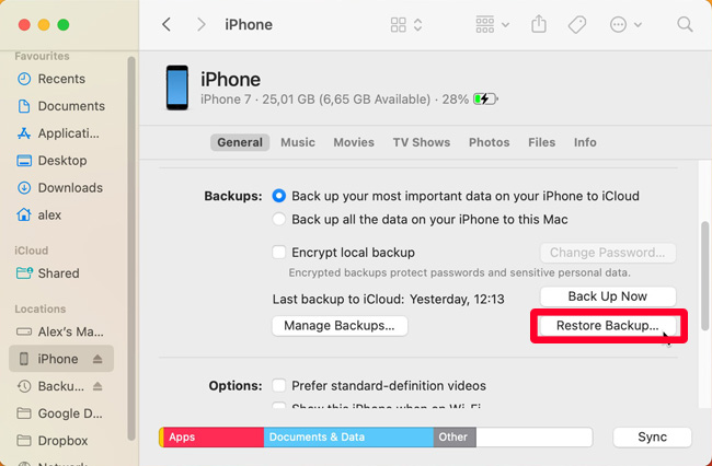 restore backup via finder