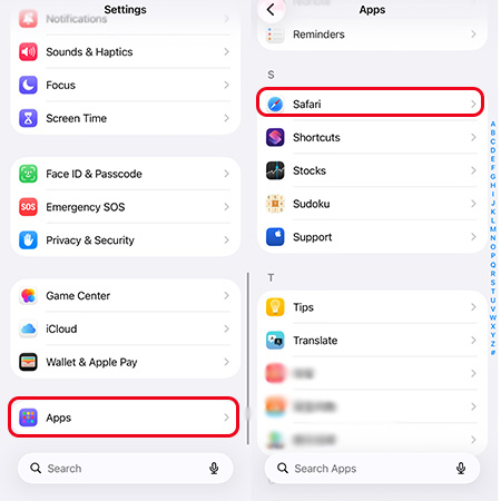 safari option in apps