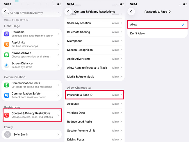 screen time allow passcode change