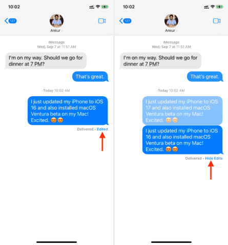 see edited message and hide edits iphone