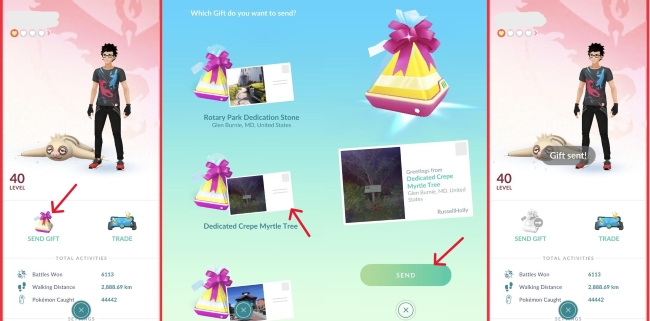 send gift and postcard in pokemon go