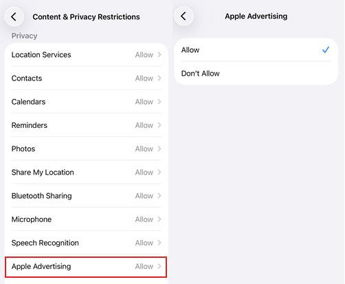 set apple advertising to allow