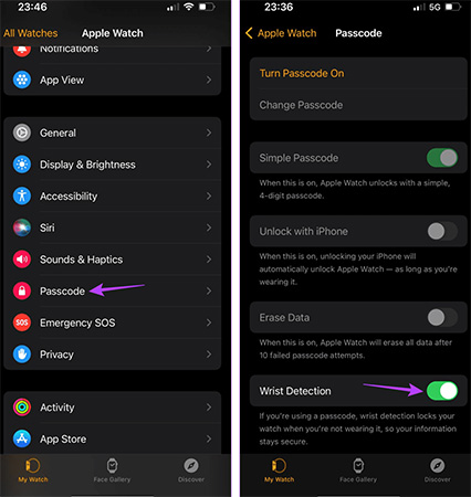 set apple watch passcode and wrist detection