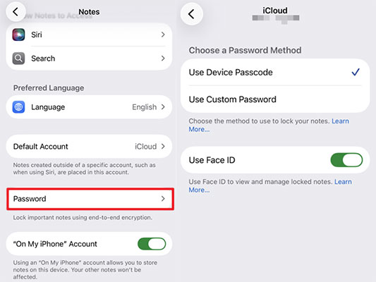 set password in notes