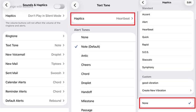 set text tone haptics to none