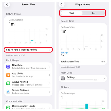 switch screen time week day