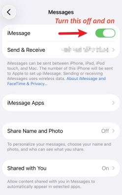 turn imessage off and on