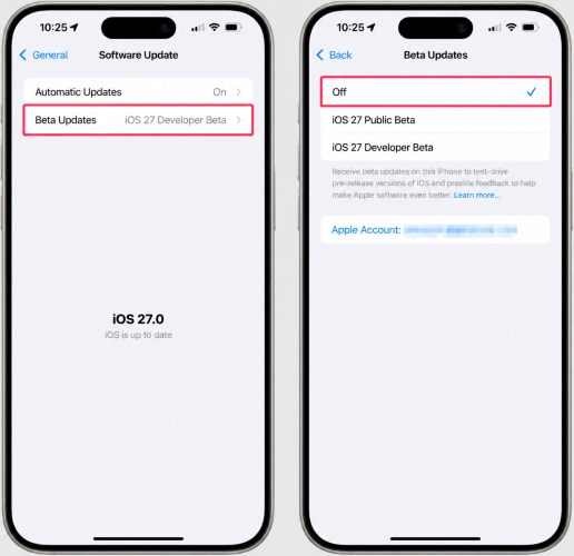 turn off beta updates ios 27
