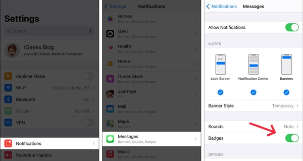 Steps to turn off messages badges