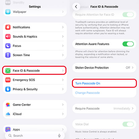 turn on passcode iphone