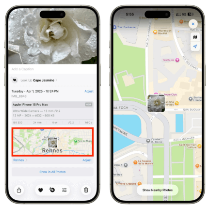 use info button to find photos location